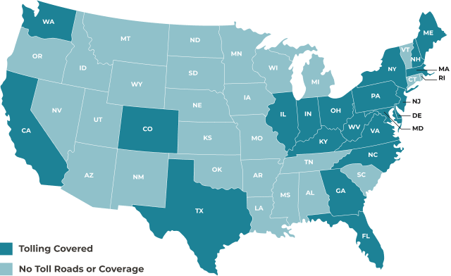 Map of US States indicating which have tolling covered